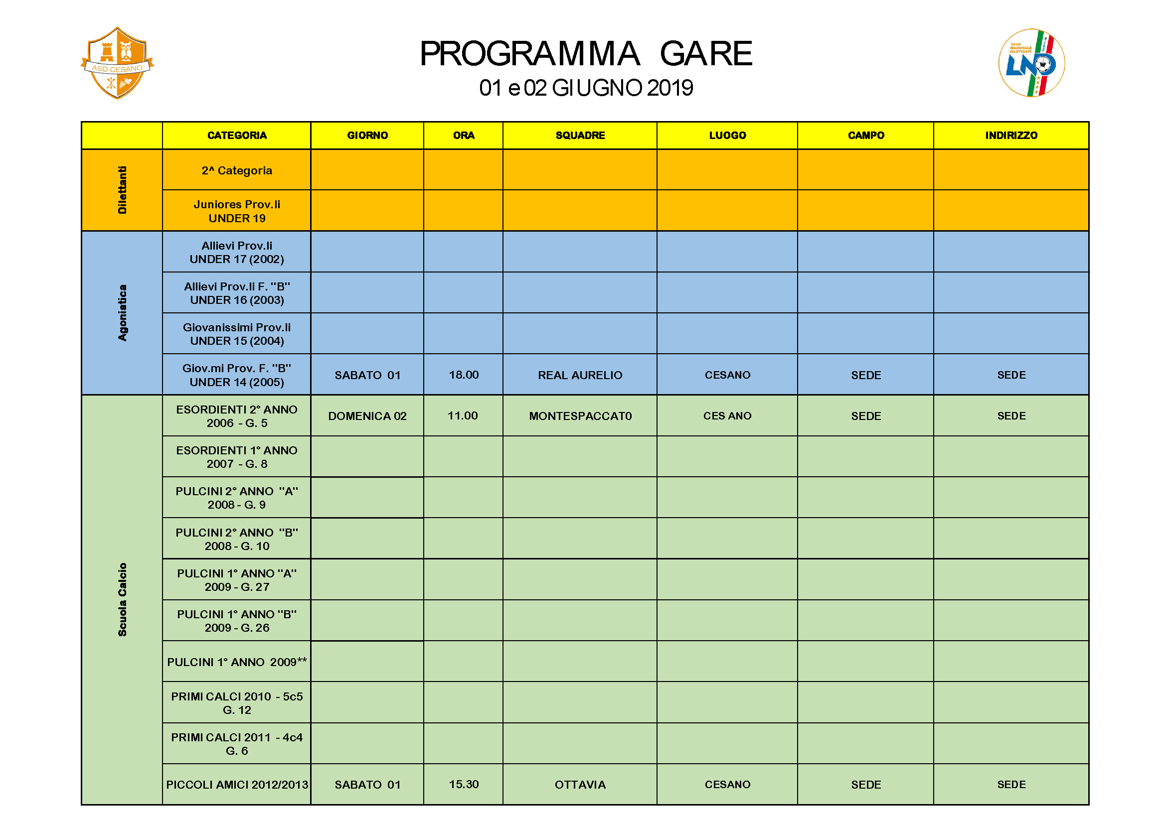 Programma gare 01-06-2019