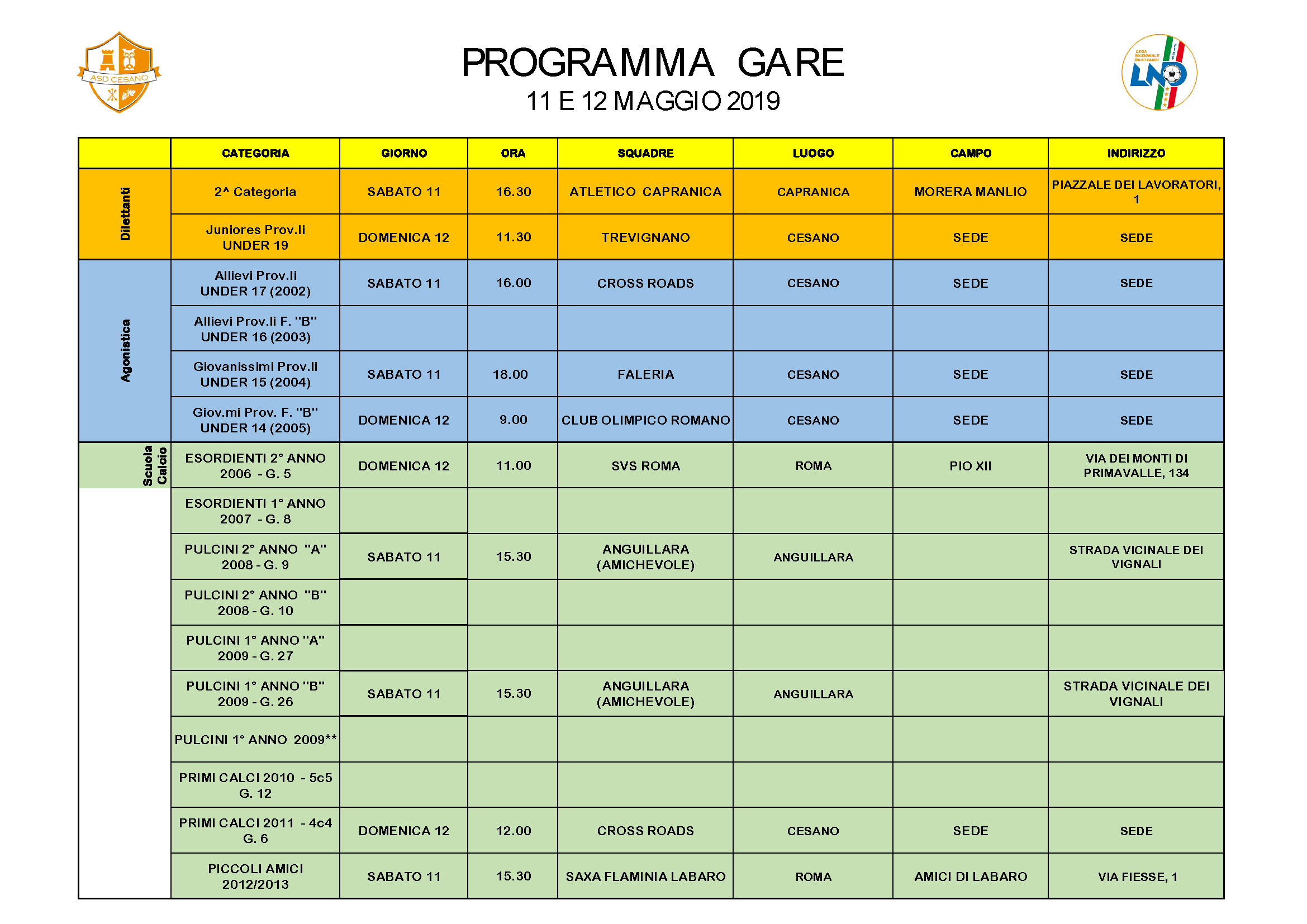 Programma gare 11-05-2019