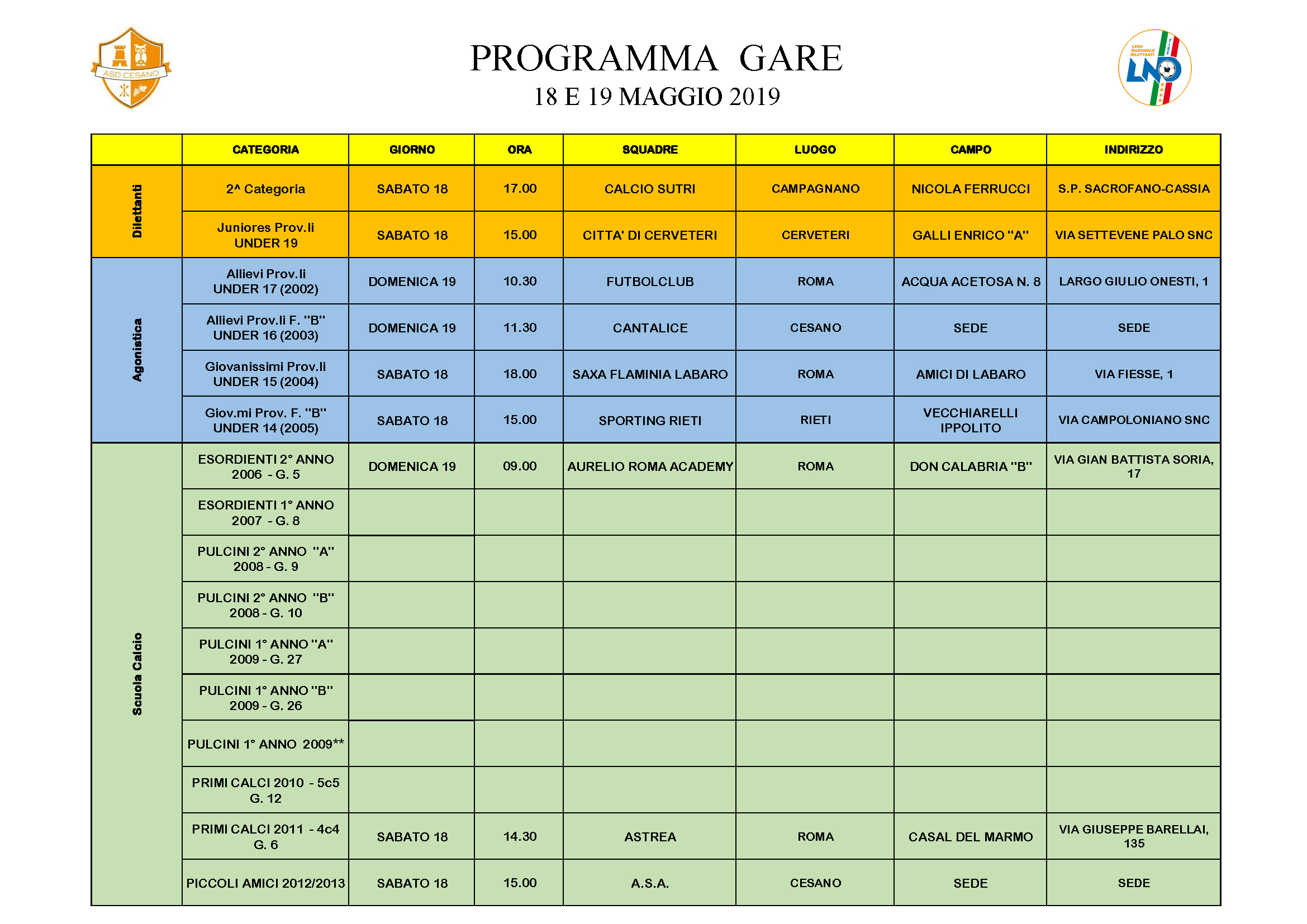 Programma gare 18-05-2019