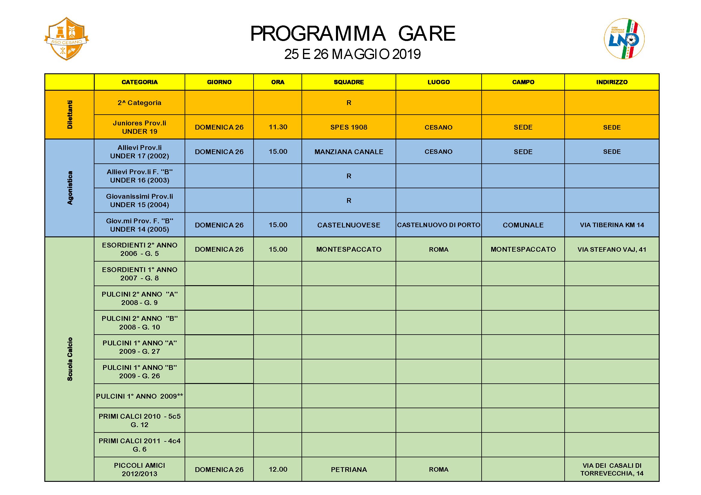 Programma gare 25-05-2019